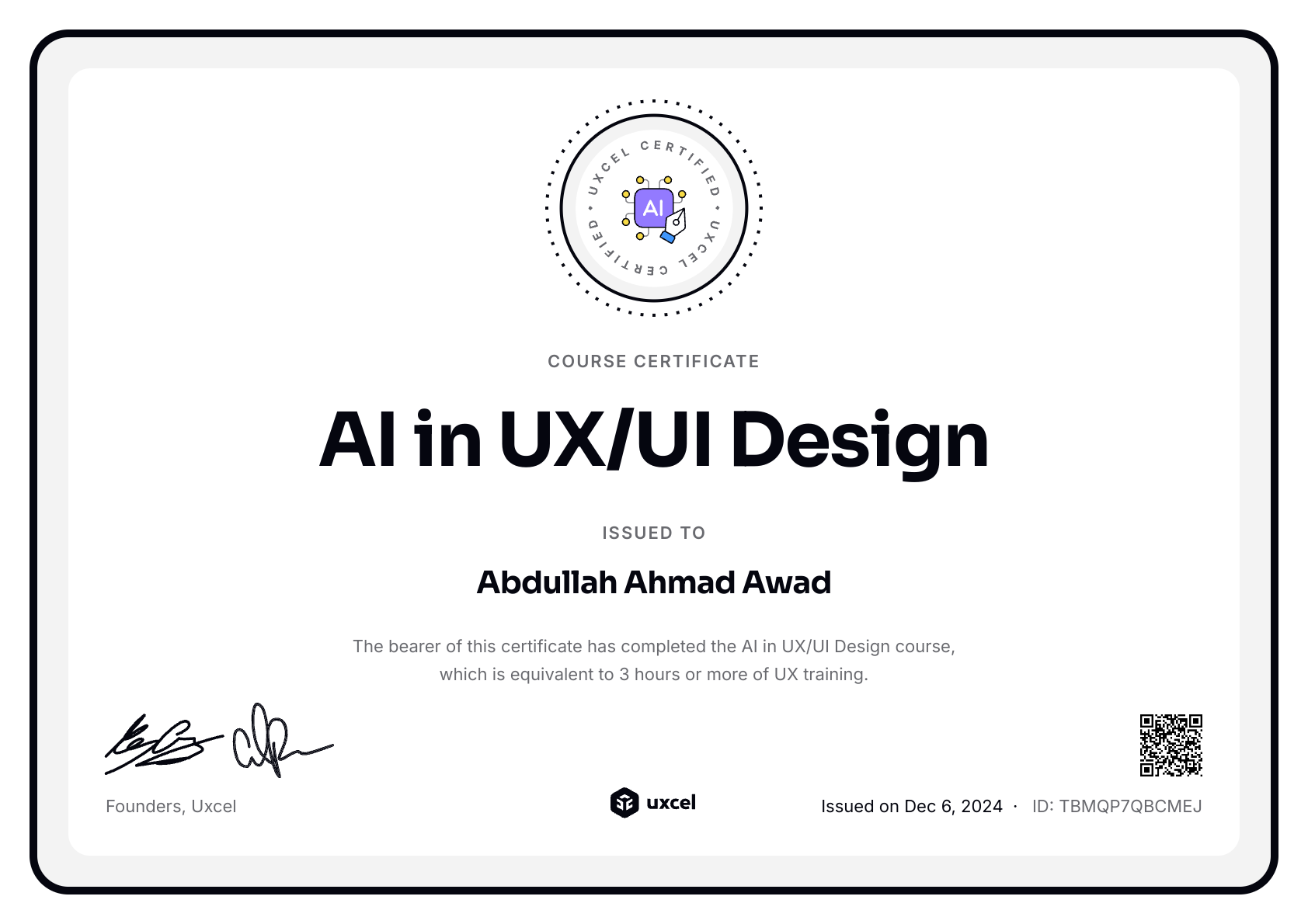 Abdullah Ahmad Awad's certificate